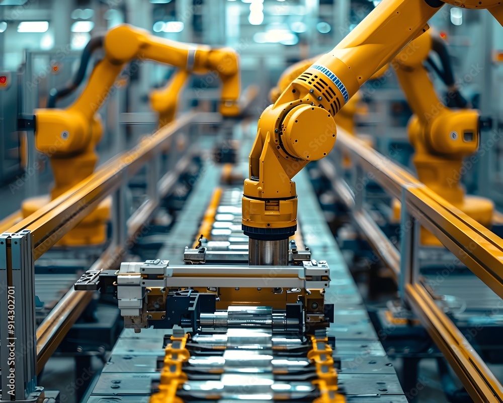 Poster efficient and automated industrial robots assembling products in high tech factory