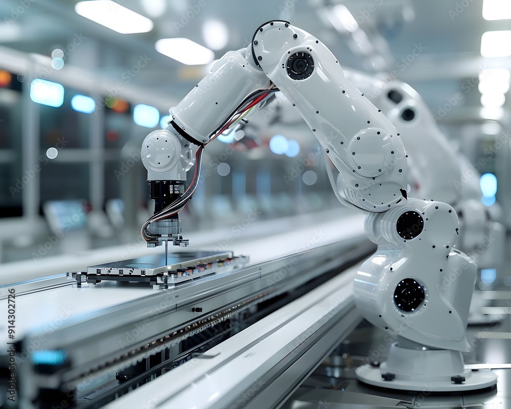 Poster efficient and automated industrial robots assembling products in high tech factory