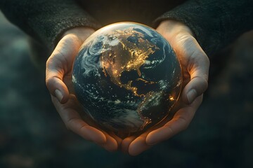 Hands gently holding the glowing planet Earth, preserving the ozone layer, Earth Day, World Environment Day