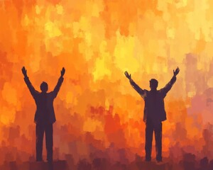Two Silhouettes Raised Hands - Digital Painting - Orange and Yellow Abstract Background - Faith, Hope, Belief, Spiritual, Worship, Prayer, Devotion