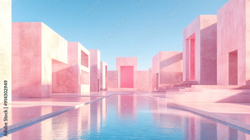 Poster abstract urban scene featuring geometric buildings with a clean minimal design in pastel tones stock