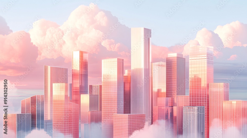 Poster abstract urban scene featuring geometric buildings with a clean minimal design in pastel tones stock