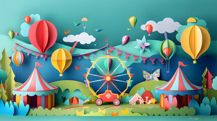 Fototapeta premium A colorful paper drawing of a carnival with a carousel