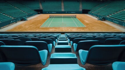 Obraz premium Empty seats in a tennis stadium, with a clean court ready for a match