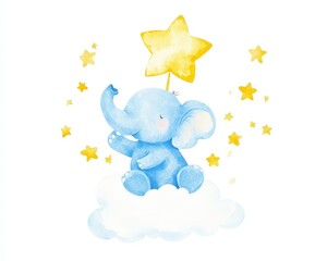 Watercolor Illustration of a Blue Elephant Holding a Yellow Star on a Cloud with Stars - Cute, Adorable, Dreamy, Baby, Nursery, Illustration, Watercolor