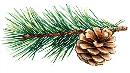Watercolor Pine Branch with Cone - Botanical Illustration - Forest Nature - Green and Brown - Winter Holiday Decor - Christmas Decoration - Nature Art - Rustic Design - Nature Themed Design - Winter A