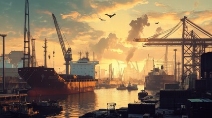 Obraz premium Industrial port with cargo ships docked, cranes idle, and no workers around