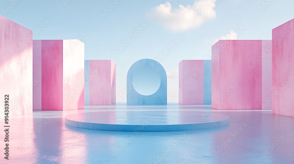 Poster minimal urban scene with abstract geometric buildings and pastel tones for a clean and modern look s