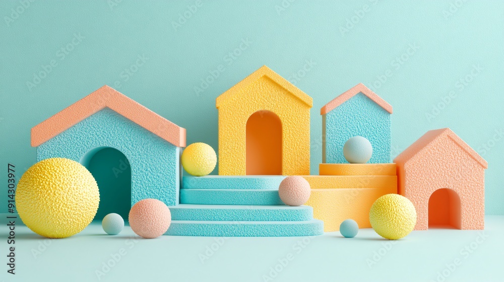 Poster minimal urban scene with abstract geometric buildings and pastel tones for a clean and modern look s