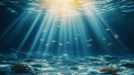 Sunlight filtering through water illuminates small fish swimming above the ocean floor in a tranquil underwater setting