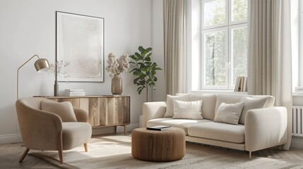 Elegant Beige Sofa and Armchair Setup with Sunlit Window View Perfect Living Room Decor