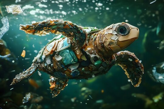 Global ocean pollution, turtle in plastic garbage, environment day, world ocean day