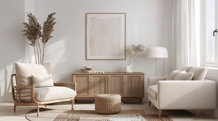 Elegant Beige Sofa and Armchair Setup with Sunlit Window View Perfect Living Room Decor