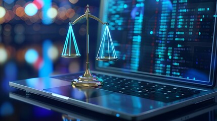 Laptop computer with legal law scale information and regulations for company and corporate trade license registration and court governance compliance for online and modern business
