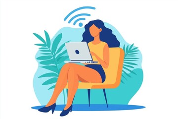 Woman Using Laptop with Wi-Fi Signal
