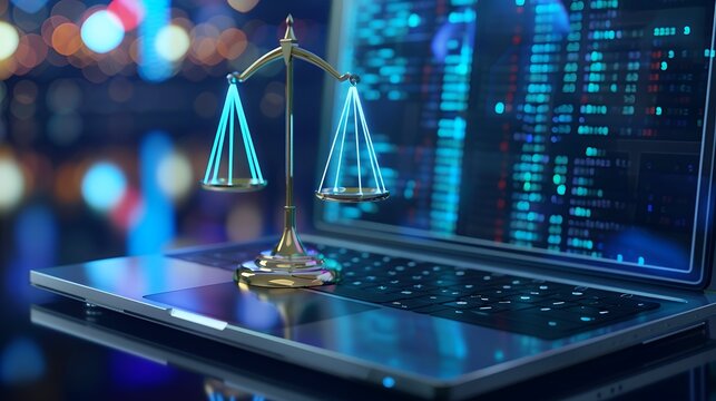 Laptop computer with legal law scale information and regulations for company and corporate trade license registration and court governance compliance for online and modern business - Powered by Adobe