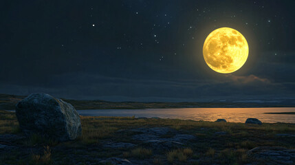 Bright yellow moon shining in the night sky above the arctic tundra in late summer, creating a serene and peaceful atmosphere
