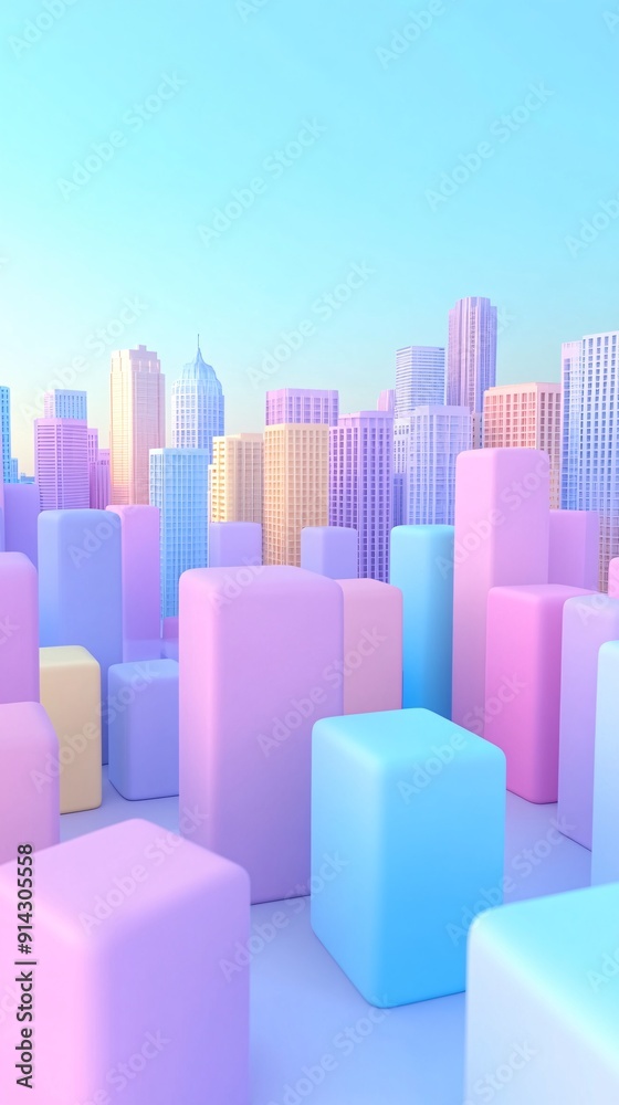 Poster minimalistic urban design with abstract cityscape and geometric buildings in soft pastel colors stoc