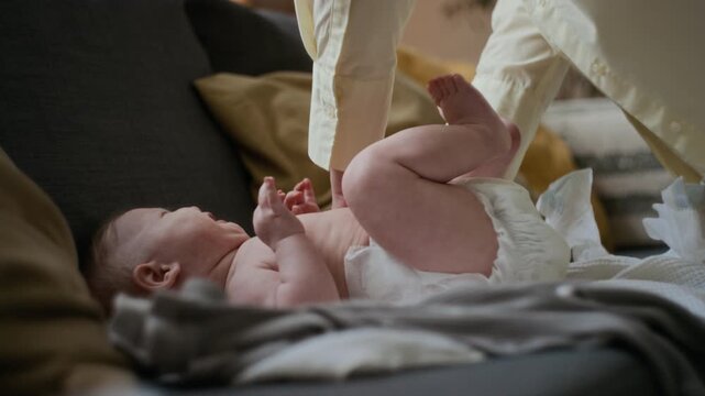 Close-up tilt of Caucasian young mother wearing yellow shirt carefully fastening fresh diaper to wiggly and crying baby lying on grey coach in living-room