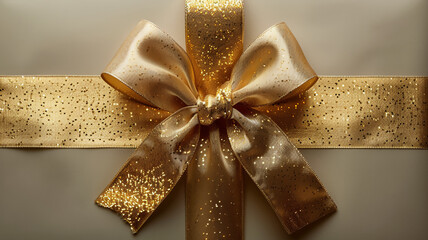 Gold Shiny Bow on Elegant Gold Packaging for Holiday or Birthday luxury, wrapping, sparkle, stylish, bright, special, event, metallic