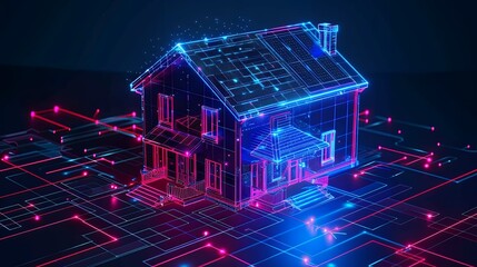 Rendering of smart home technology on smartphone with hologram house model floating over, digital data and graphs icon background, blue neon light effect, high resolution