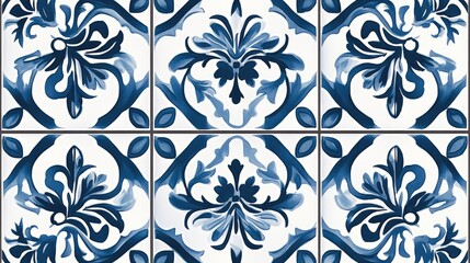 Fototapeta premium Traditional Mediterranean tile pattern with floral and geometric motifs in blue and white tones --ar 16:9