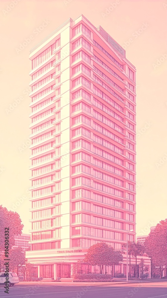 Poster abstract urban scene featuring geometric buildings with a clean minimal design in pastel tones stock
