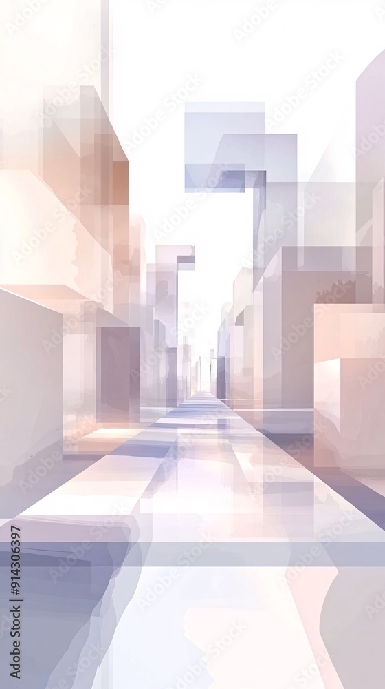 Poster abstract urban scene featuring geometric buildings with a clean minimal design in pastel tones stock