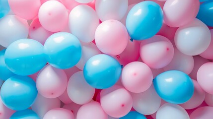 A festive scene with varied blue and pink balloons of different sizes. Arranged in the frame, creating a lively and abundant atmosphere.