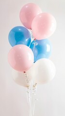 A vibrant image of helium balloons on a white background creates a festive and airy feel, with pink, blue, and white balloons tied together with ribbons.