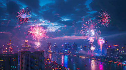 A city skyline is lit up with fireworks, creating a festive