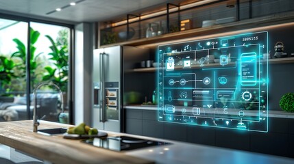 A futuristic kitchen with a refrigerator that has a screen on it. The refrigerator is connected to a computer and has a display technology concept. The kitchen is very modern