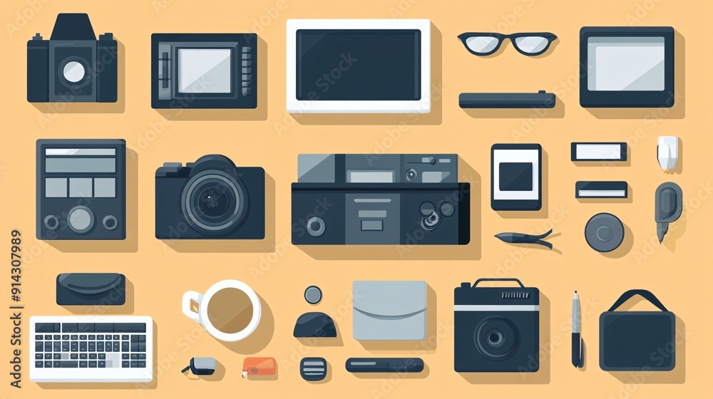 Aufkleber detailed minimal icons and symbols in pastel colors with flat design and clean lines stock photo wit