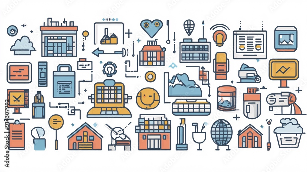 Poster detailed minimal icons and symbols in pastel colors with flat design and clean lines stock photo wit