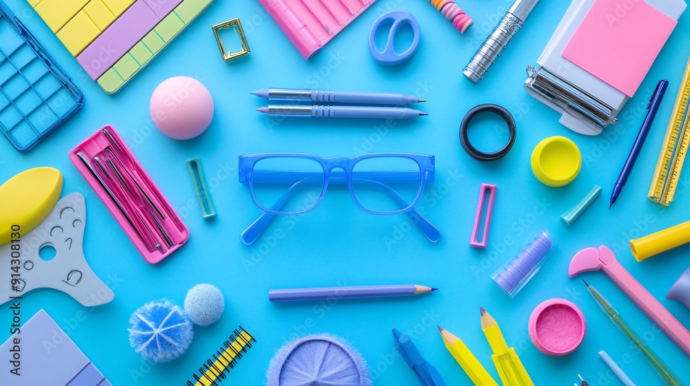 Poster Pastel-colored minimal symbols and icons with high detail and clean flat design lines Stock Photo with copy space