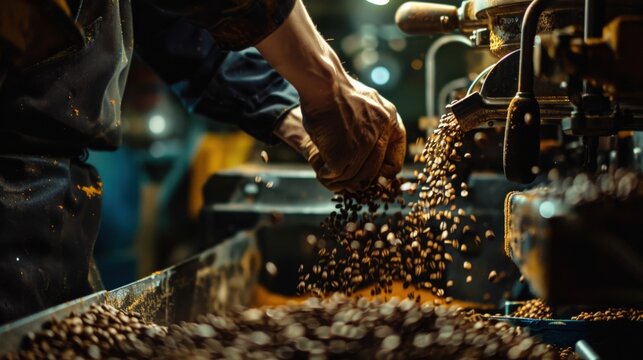Close-up of hands pouring roasted coffee beans into a machine. The beans are dark and shiny, and the machine is old and worn. The photo captures the process of coffee production.