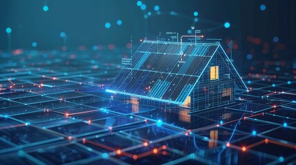 Solar panel system on the roof of a futuristic smart home. Renewable energy concept.