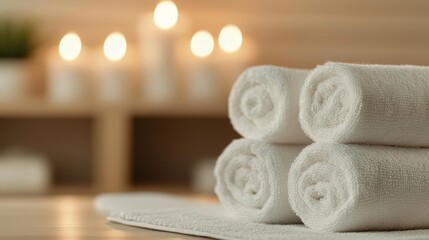 Closeup of a spa setup with candles and towels, relaxing atmosphere, rejuvenating Labor Day experience