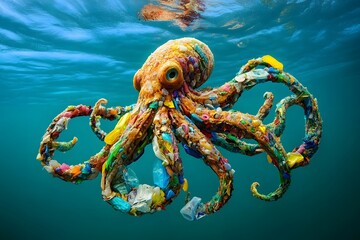 Naklejka premium Global ocean pollution, octopus in plastic garbage
