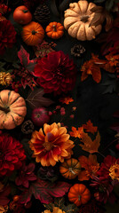 Fototapeta premium A close up of a colorful arrangement of flowers and pumpkins