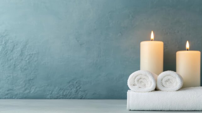 Closeup of a spa setup with candles and towels, relaxing atmosphere, rejuvenating Labor Day experience