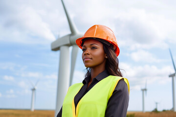 Black female wind power engineer wearing a hard hat and protective clothing in front of a wind farm, working for a green energy