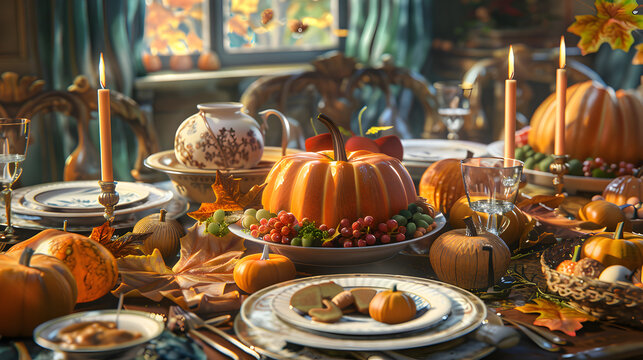 A table is set for a Thanksgiving dinner with a pumpkin centerpiece
