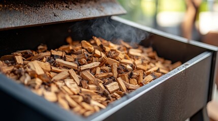 Wood chips smolder in a smoker box, releasing a thin wisp of smoke, as preparations for a backyard barbecue begin.