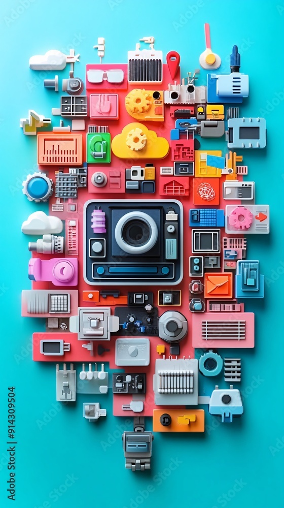 Poster Minimal symbols and icons in flat design with clean lines and high detail rendered in pastel colors Stock Photo with copy space