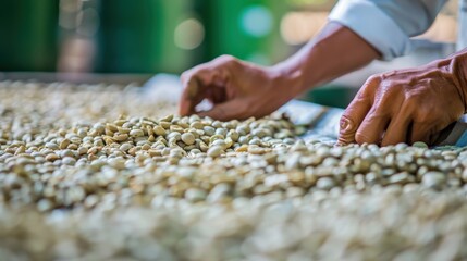Close-up of hands sorting coffee beans on a drying rack.
