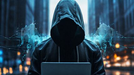 Obraz premium Unrecognizable hacker in hoodie. Concept of cybersecurity. Cyberattack and internet crime, hacking and malware concepts.