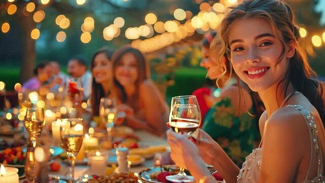 opulent cuisine, dining, and women conversing at a social gathering to celebrate a holiday at night 