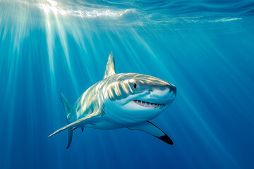 majestic white shark swims under clear water