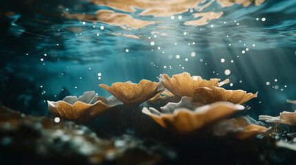Fototapeta premium Coral reefs illuminated by sunlight under clear ocean waters, showcasing vibrant marine life and textures